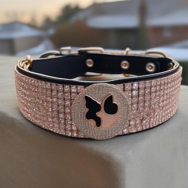 Iced out dog collars in various styles and sizes, showcasing different metal finishes and crystal arrangements.