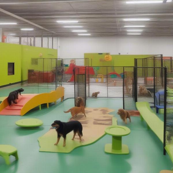 Dogs playing in an indoor dog park in NYC