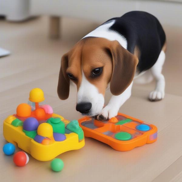 A dog engaged with an interactive puzzle toy