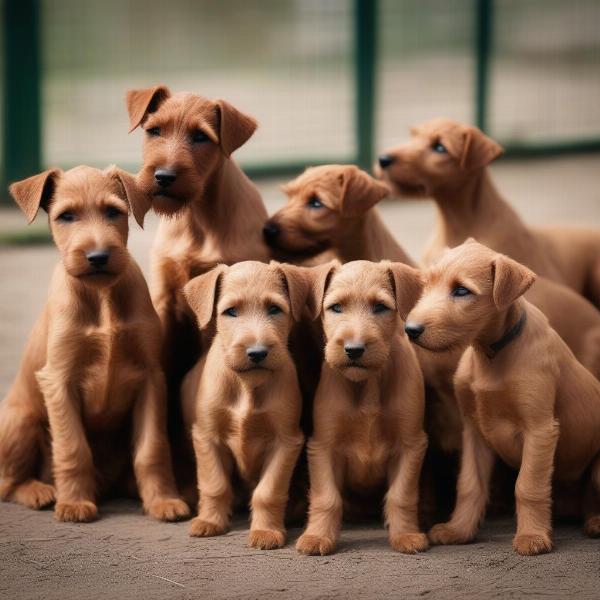 Irish Terrier puppies with their breeder