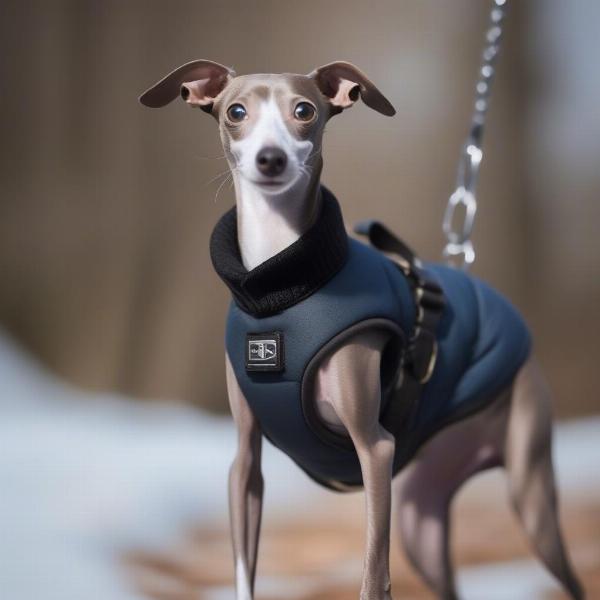 Italian Greyhound wearing a winter coat and harness