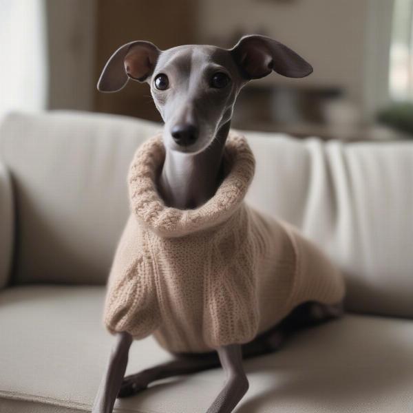 An Italian Greyhound wearing a warm sweater