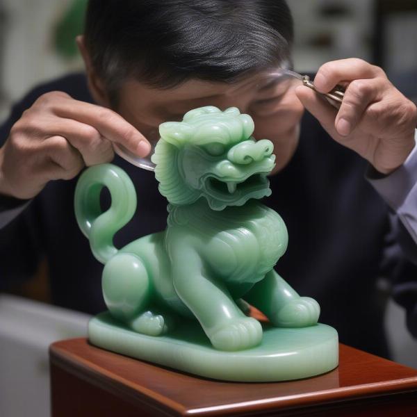 Expert appraising jadeite foo dogs