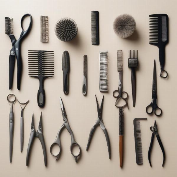 Essential Japanese dog grooming tools, including shears, combs, and brushes.