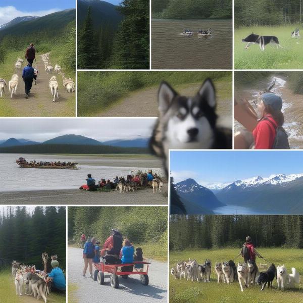 Various activities at a Juneau dog sled summer camp.