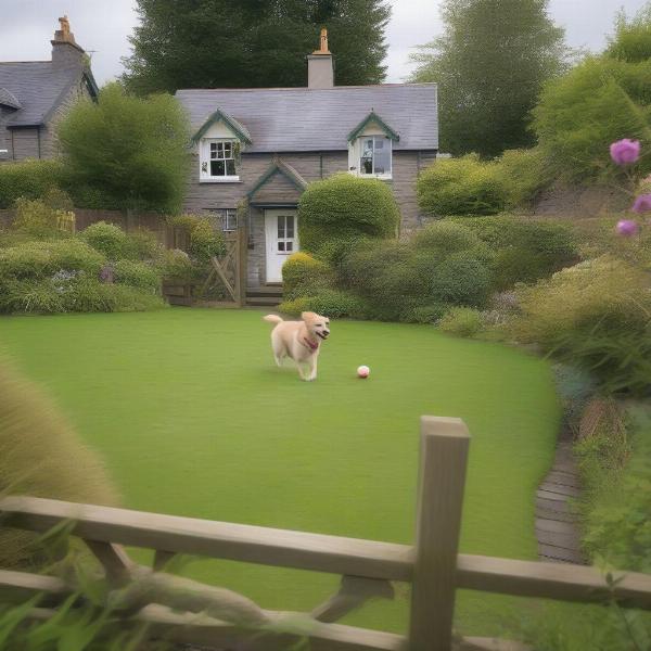 Dog-friendly cottage garden in Keswick with a secure fence and a dog enjoying the space