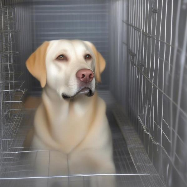 A Labrador retriever relaxing comfortably inside a correctly sized dog crate.