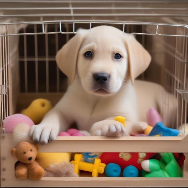 Labrador puppy happily exploring its new crate with toys and treats.