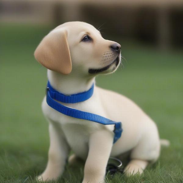 A Labrador puppy wearing a training collar