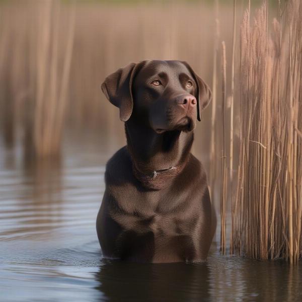 Labrador Retriever patiently waiting in a duck blind