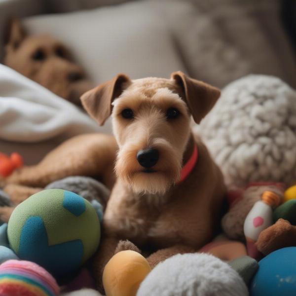 Lakeland Terrier surrounded by toys in its bed