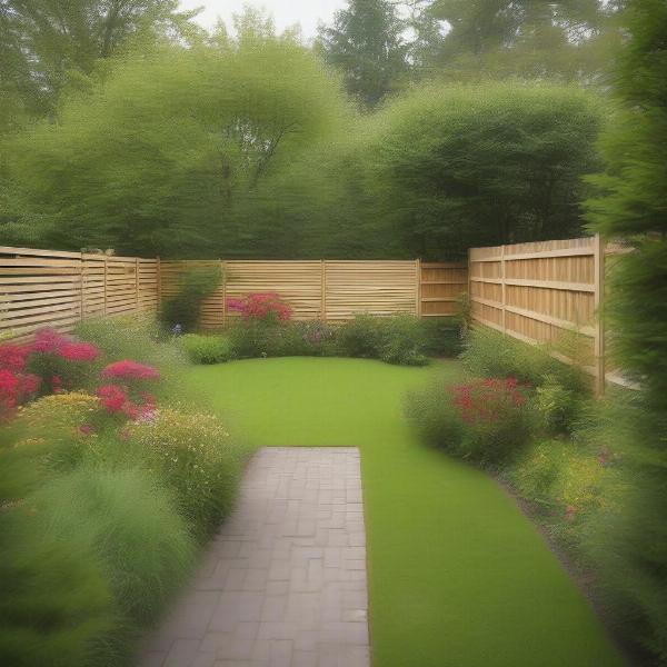 A wooden fence surrounding a lush green garden.