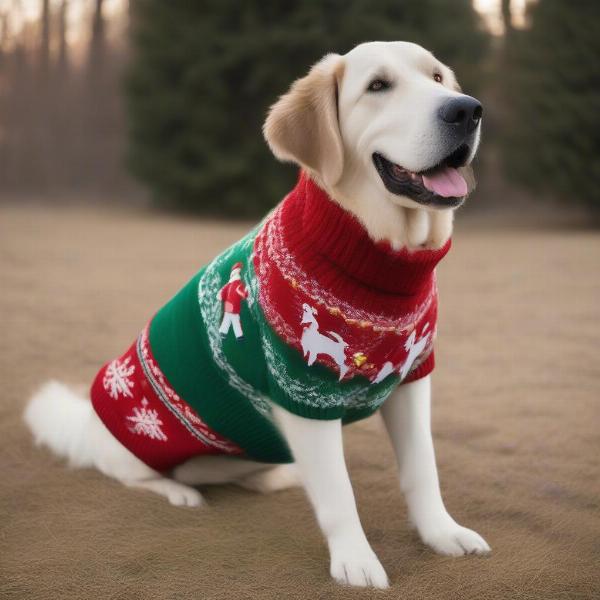 Large dog wearing a Christmas outfit safely