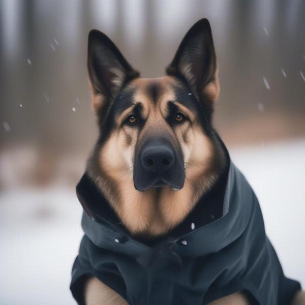 Large dog wearing a winter coat