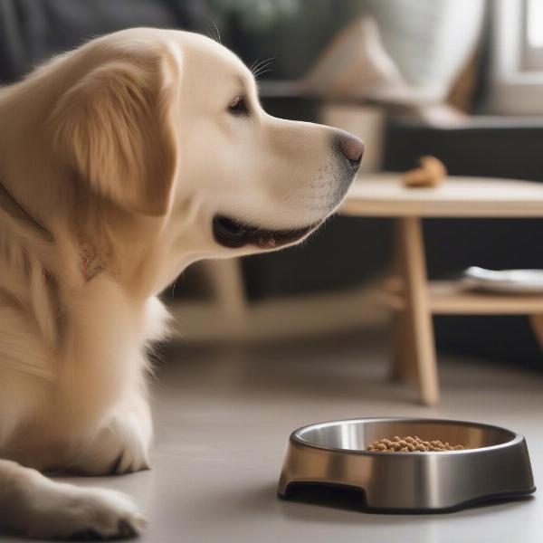 Large Dog Eating Kibble from a Bowl