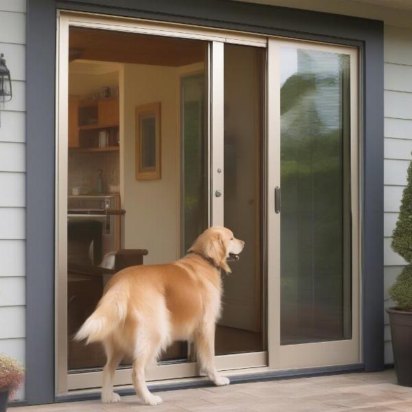 Large dog using a dog door installed in a patio door.