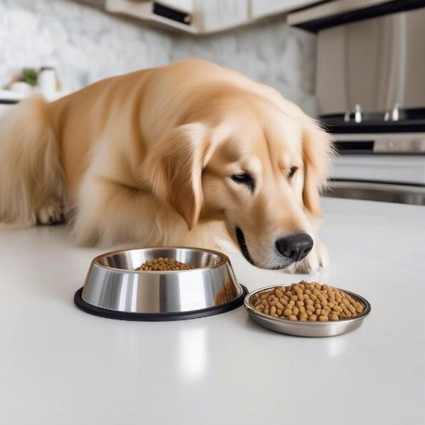 A happy dog eating from a large stainless steel bowl