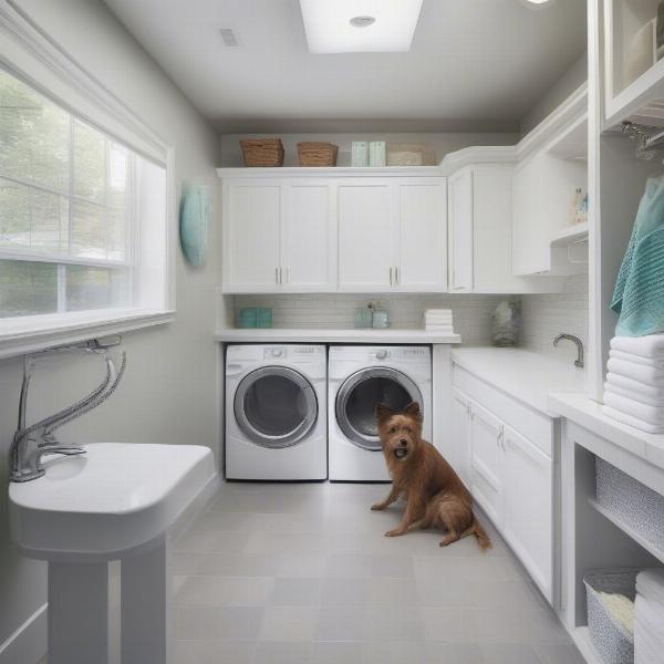 Modern laundry room with elevated dog shower and grooming table