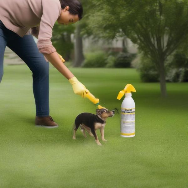 Applying lawn spray for dog urine