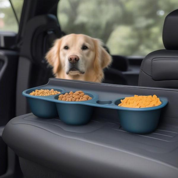 Lazy dog road trip bowls in a car