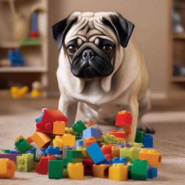 Pug playing with Lego blocks