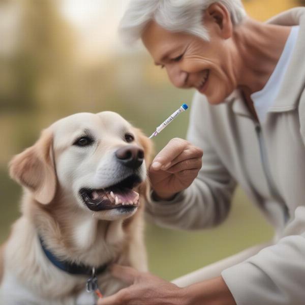 Senior dog taking liquid joint supplement