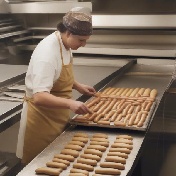 Local bakery preparing foot long hot dog buns