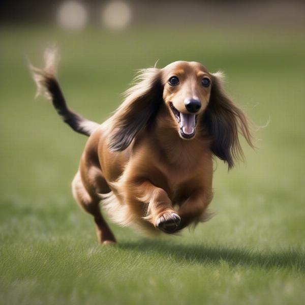 Long haired dachshund enjoying playtime in the grass