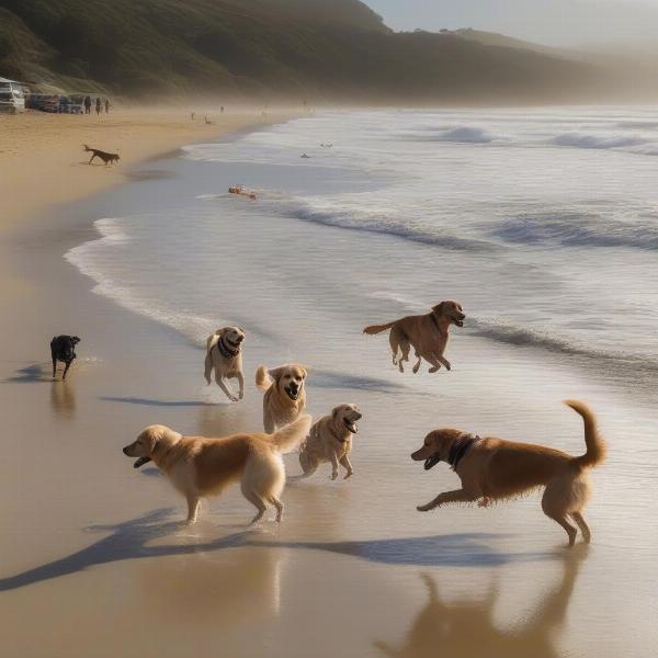 Dogs playing fetch and swimming at Lorne Dog Beach