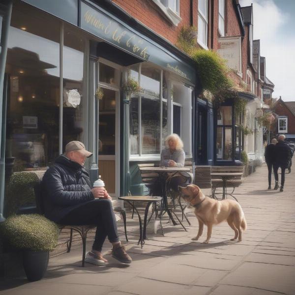 Dog sitting outside a cafe