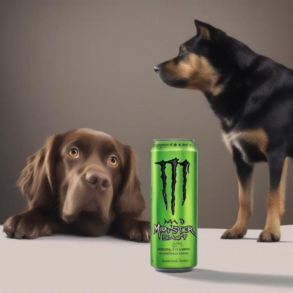 Mad Dog Monster Energy can next to a curious dog