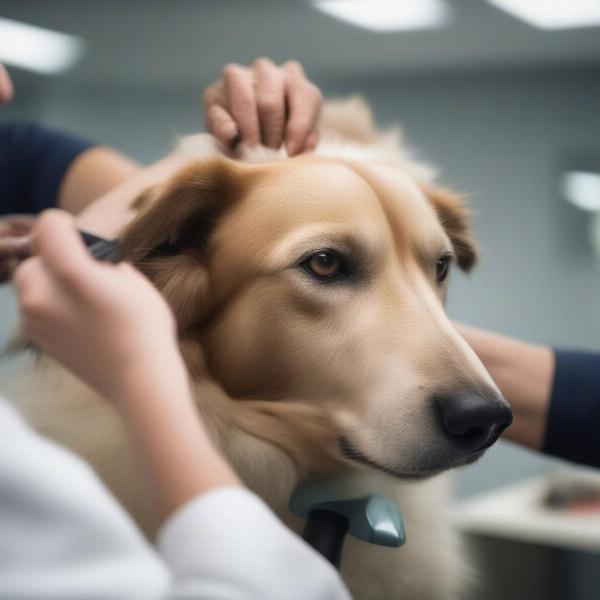 Maldon dog groomer carefully checking a dog's health before grooming