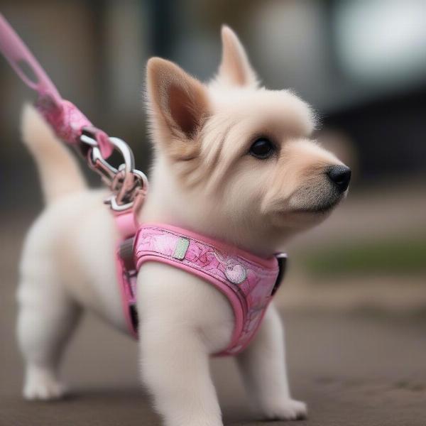 A dog wearing a matching pink leash and harness set.