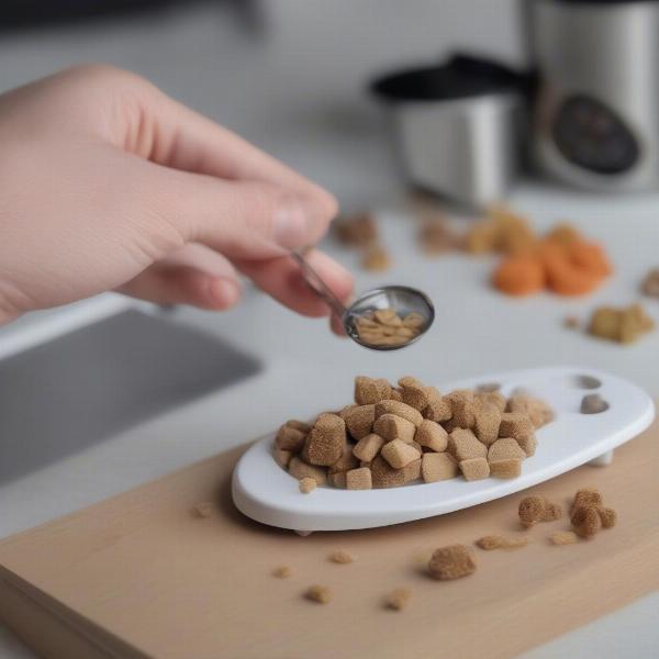 A person carefully measuring out freeze-dried dog treats