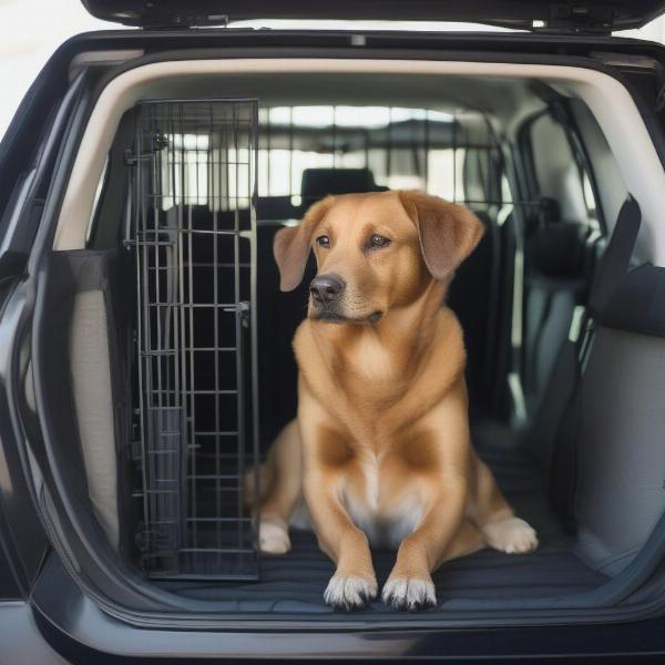 Dog in a medium travel dog crate secured in a car