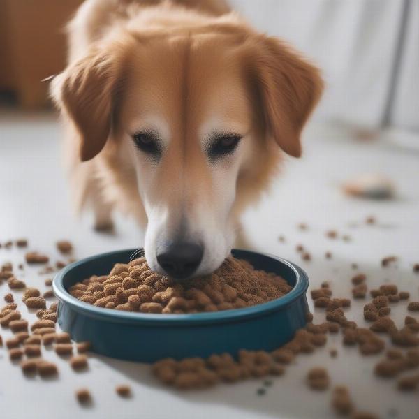 A dog eating messily from a regular bowl, scattering food everywhere