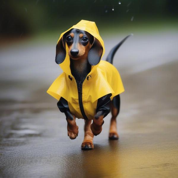 Miniature Dachshund Wearing a Raincoat