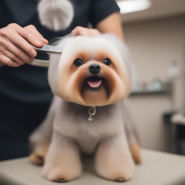 Miniature dog getting groomed in Minnesota