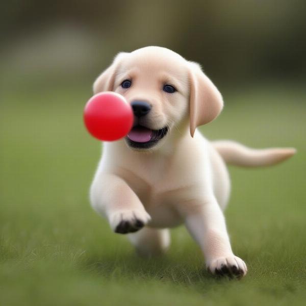 Miniature Labrador puppy playing with a ball