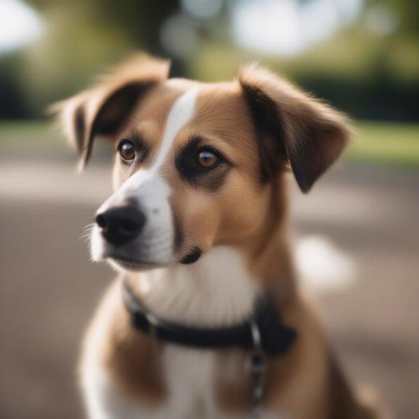 A mixed breed dog with curious eyes looking directly at the camera.