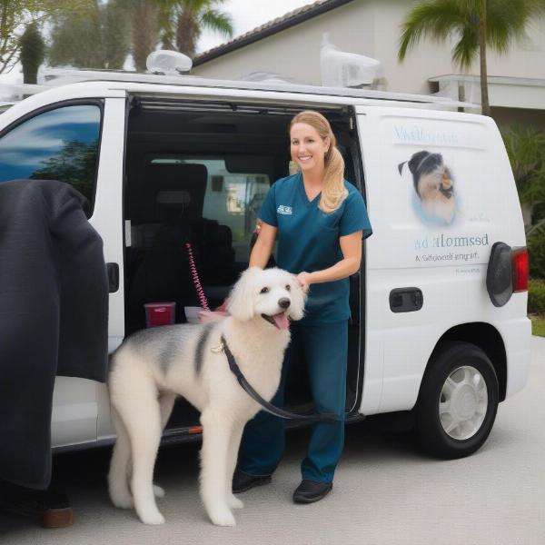 Mobile dog grooming Naples: A groomer arrives at a home with their van, ready to groom a dog.