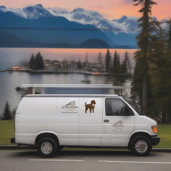 Mobile dog wash van parked in a Vancouver neighborhood, offering grooming services.