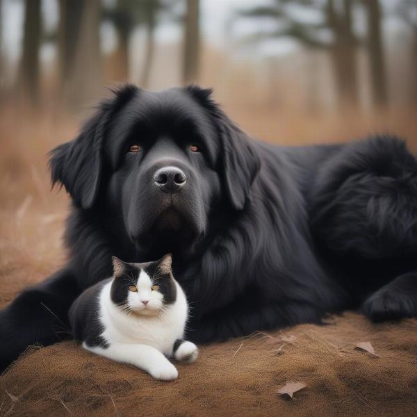 Newfoundland Dog Cuddling with a Cat