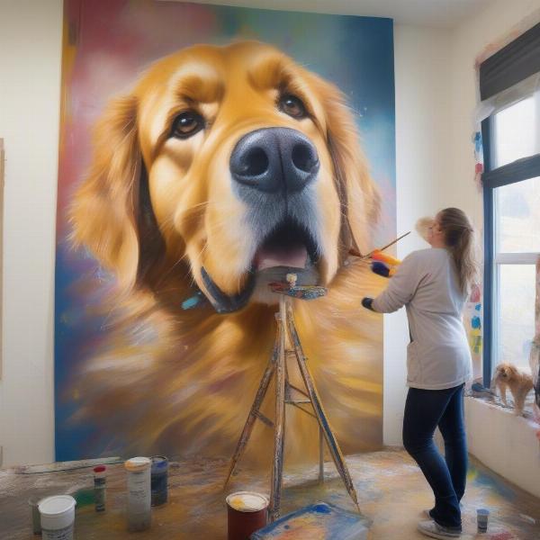 Artist painting a dog mural