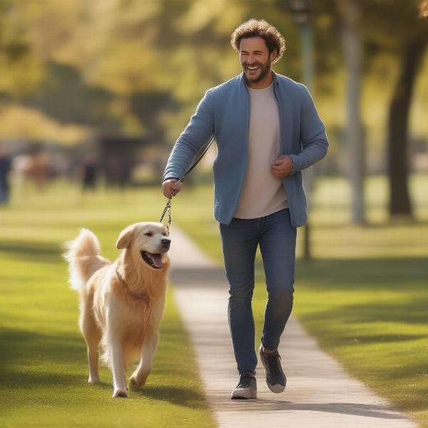 A man walking his dog in the park