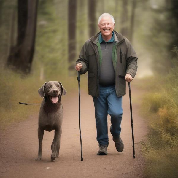 Man using a walking stick while walking his dog