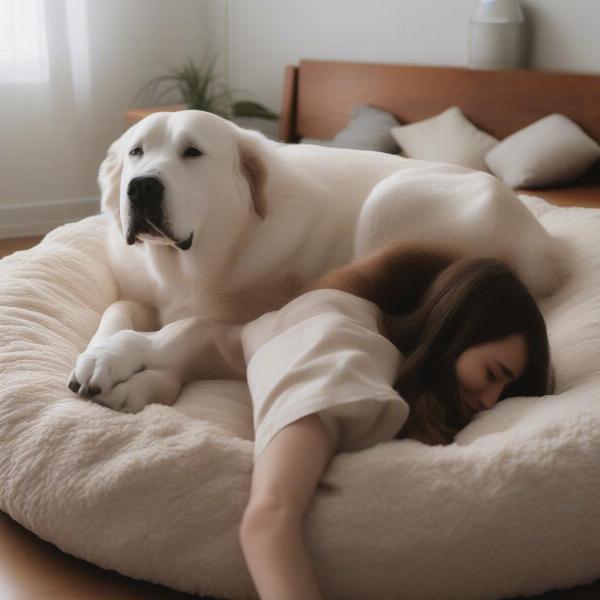 Person and dog lying together on a large dog bed