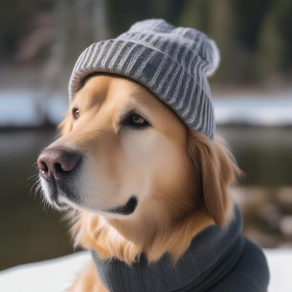 A dog wearing the North Face Salty Dog Beanie