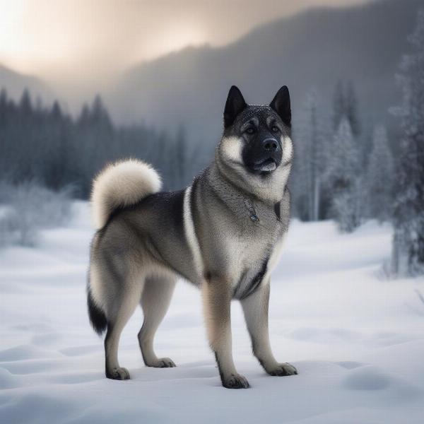 Norwegian Elkhound in a snowy landscape