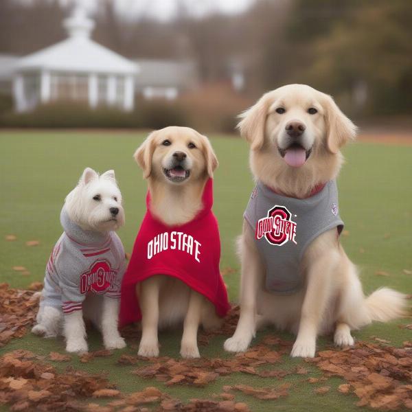 Various Ohio State dog clothes, including jerseys, hoodies, and bandanas.